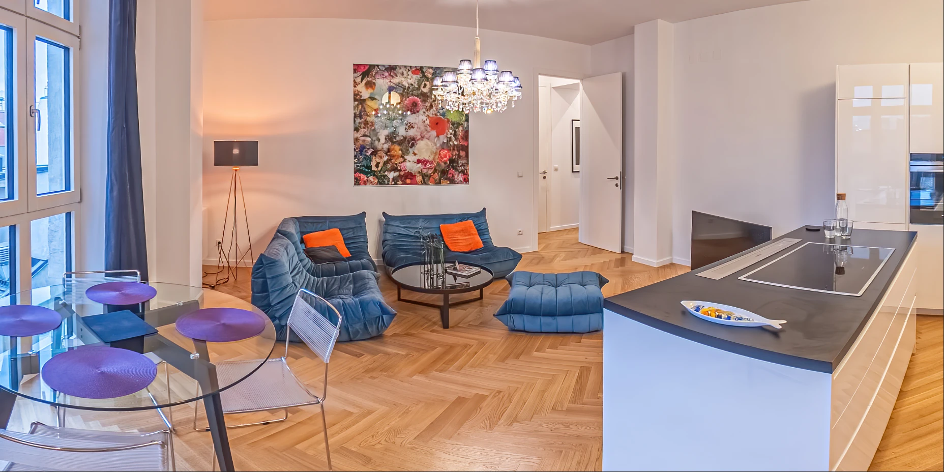 Living room view of a luxurious penthouse apartment in vienna. 