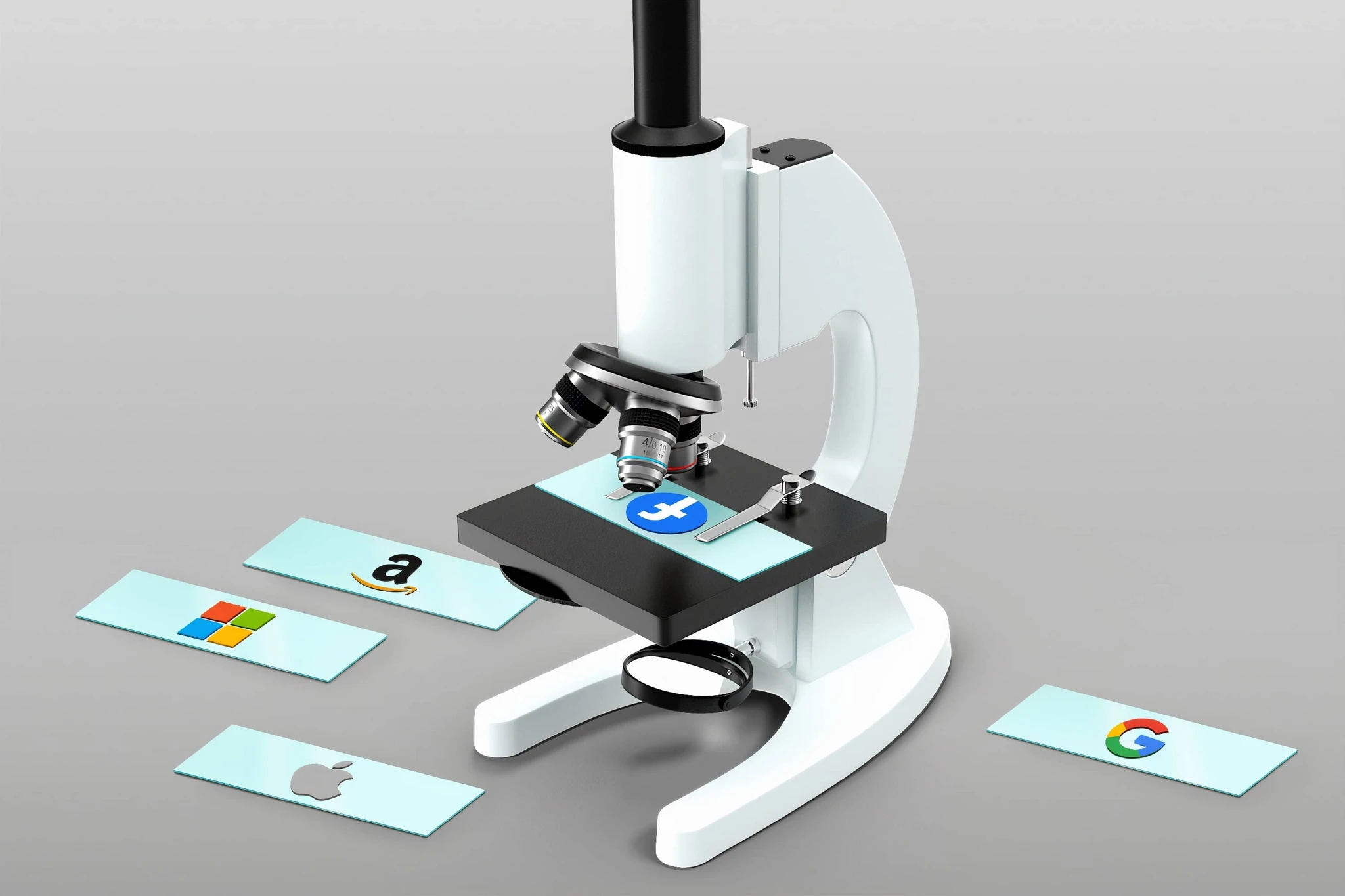 A microscope analysing the logos of big tech companies.